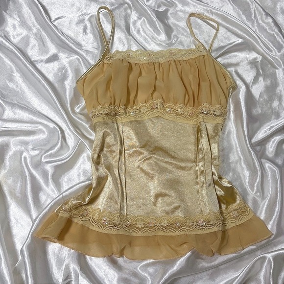 Twenty One Tops - y2k vintage Cami Top Gold Lace Sequin Ruffle Twenty One Medium